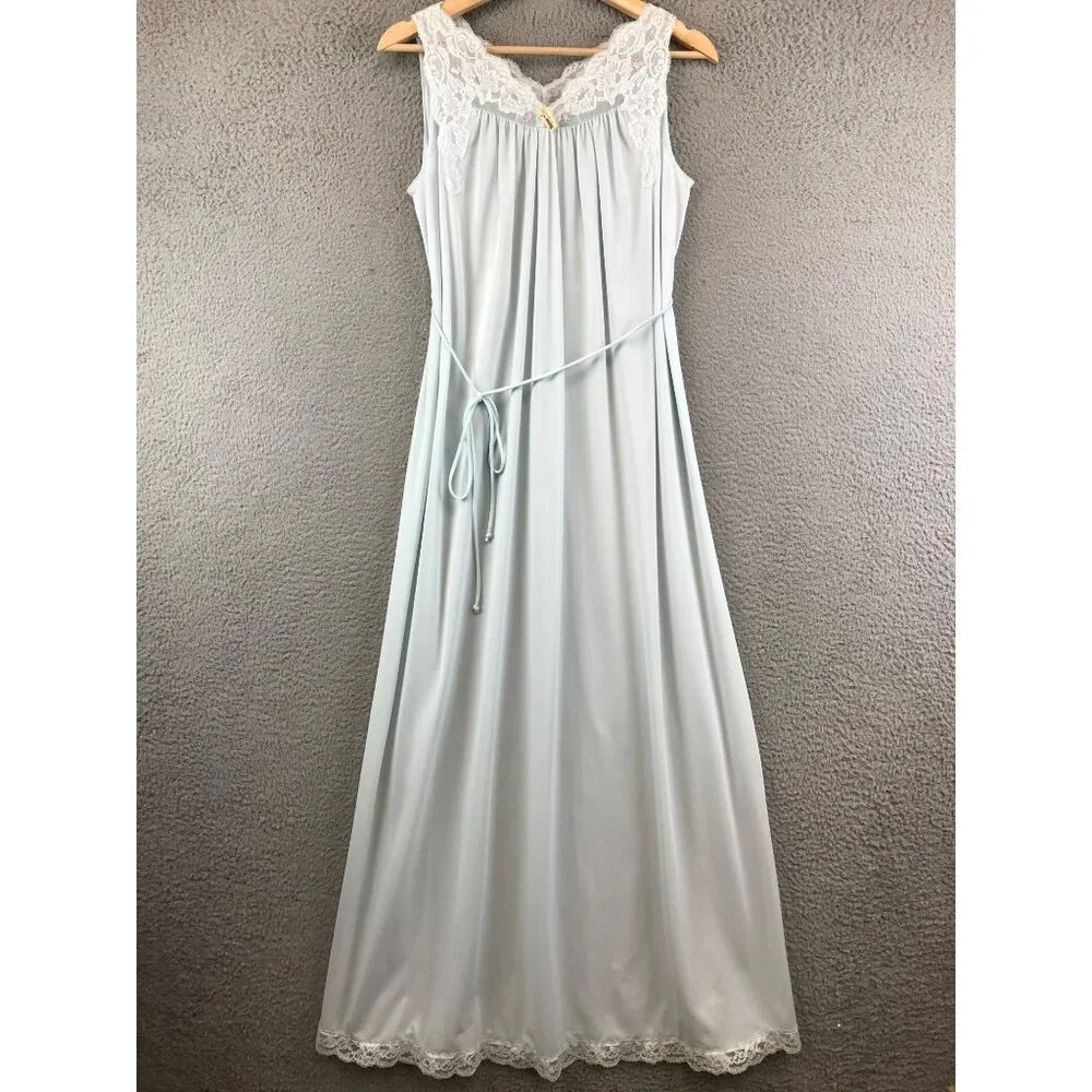 Vintage Shadowline Bridgerton Nightgown Boudoir PJs size 10 petite Blue 70s Lace - Picture 1 of 14